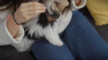 Genç bir kadın renkli yastıklı, rahat bir oturma odasında bisikletli teriyerini kucaklıyor..