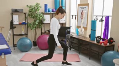 Genç bir kadın, iyi donanımlı bir spor salonunda spor yapıyor. Spor salonu, spor salonu, sağlık ve modern iç mekan çalışma ortamı..