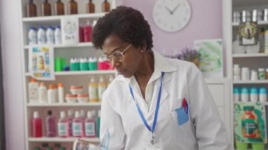 Beyaz önlüklü kadın eczanede çalışıyor. Arka planda çeşitli ürünler rafları var.