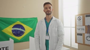 Brezilya 'da bir üniversite odasında, Brezilya bayrağının önünde oy kullanan genç bir İspanyol..