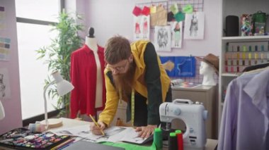 Sakallı adam renkli bir atölyede mankenler ve dikiş malzemeleri ile moda tasarımları çiziyor.