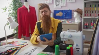 Gözlüklü, odaklanmış sakallı bir adam renkli bir terzi dükkanında elbise tasarlıyor, tablet kullanıyor, etrafı dikiş ekipmanlarıyla çevrili..