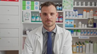 Sakallı, eczanede elinde ilaç şişeleriyle gülümseyen kendinden emin genç bir eczacı.