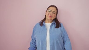 Orta yaşlı, kendine güvenen İspanyol kadın kollarını kavuşturarak poz veriyor. Tecrit edilmiş pembe arka planda olumlu şeyler düşünüyor.