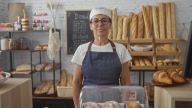 Kadın fırıncı, kolları çapraz ve gözlük takmış ekmek ve hamur işleriyle çevrili bir fırında güvenle duruyor.