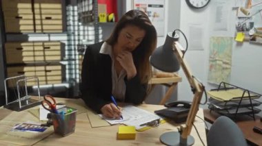 İspanyol kadın dedektif, kanıt ve dosyalarla dolu karmaşık bir karakoldaki belgeleri enine boyuna analiz ediyor..