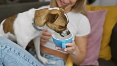 Sarışın kadın elinde mavi bir kupayla evde otururken Jack Russell Terrier köpeği ondan içiyor..