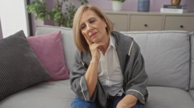 Olgun, beyaz, sarışın bir kadın, rahat yastıklar ve bitkilerle çevrili bir oturma odasında düşünceli bir şekilde oturur..