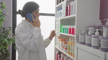 Eczanede beyaz laboratuvar önlüğü giymiş genç bir İspanyol kadın telefonda konuşurken içerideki bir rafta ürünleri kontrol ediyor..