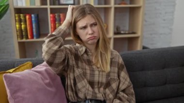 Şaşkın sarışın kız gözleri şüpheyle dolu, evinde koltuğunda oturuyor, düşünce denizinde kaybolmuş. Düşünceli genç bir kadın belirsiz bir soruyla boğuşuyor..