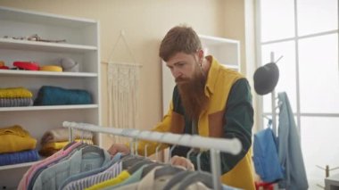 Kızıl sakallı adam, içinde raflar ve raflar olan parlak bir terzide kıyafetlerini karıştırıyor..