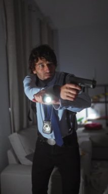 Rozetli odaklanmış bir adam, gece düzensiz bir iç mekan olayını araştırırken elinde silah ve el feneri tutuyor..