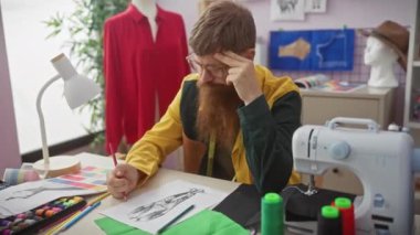 Etrafında dikiş makinesi, kumaş, manken ve renkli ipliklerle terzi dükkanında çizim yapan sakallı adam..