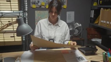 Odaklanmış bir kadın karmaşık dedektiflik bürosundaki bir belgeyi inceliyor. Etrafı dolap ve araştırma aletleriyle çevrili..