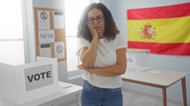 Kadın oyu, orta yaşlı İspanyol kadın oy pusulasının başında duruyor, sıkılmış ve yorgun, depresyon sorunlarıyla bakıyor ve düşünüyor, İspanyol seçim üniversitesinde kolları çapraz.
