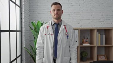 Modern klinikte steteskoplu beyaz önlüklü, kendine güvenen genç bir adam kalp mankeni tutuyor.