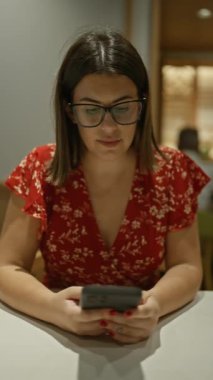 Kafe masasında akıllı telefon kullanan güzel İspanyol kadın, gözlüklü kendinden emin bir kadının portresi, içeride oturuyor, rahat ama odaklanmış.