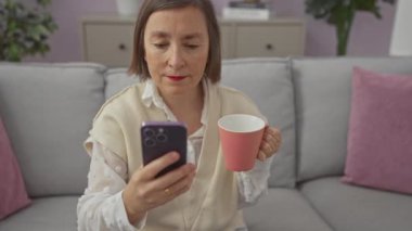 Olgun bir kadın akıllı telefonu kontrol ederken ve kupayı içeride koltukta tutarken şaşkınlıkla tepki verir..