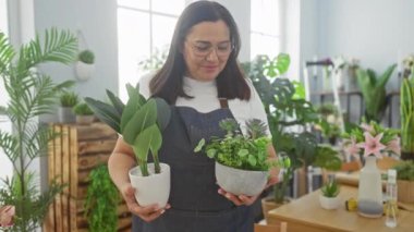 Parlak çiçekçi dükkanında elinde çiçeklerle gülümseyen kadın