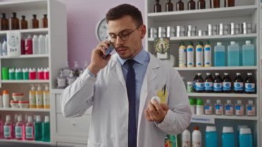 Eczanede beyaz laboratuvar önlüğü giymiş genç bir İspanyol cep telefonuyla konuşurken ilaç şişesini inceliyor..