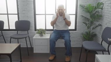 Beyaz gömlekli ve kotlu orta yaşlı İspanyol bir adam, sandalyeler, bitkiler ve beyaz tuğlalarla çevrili, sıkıntılı bir ifadeyle aydınlık bir bekleme odasında oturuyor..