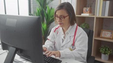 Olgun bir kadın doktor, modern bir klinikteki bilgisayara danışıyor..