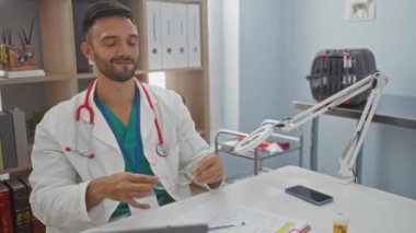 Gözlüklü ve beyaz ceketli genç İspanyol erkek veteriner, modern bir klinikte elinde belgeler ve tıbbi aletlerle kameraya güvenle gülümsüyor..