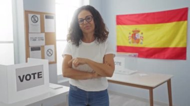 Oy verin, mutlu orta yaşlı İspanyol kadın gülümseyen ve ispanyolca seçim üniversitesinde oy pusulasıyla işaret eden.