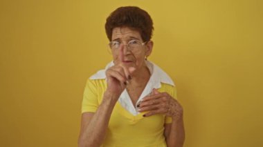 Kısa saçlı ve gözlüklü yaşlı İspanyol kadın, sarı bir elbise ve beyaz bir yaka giyerek izole edilmiş sarı bir arkaplan karşısında dikilirken jest yapıyor..