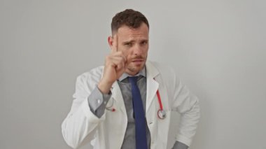 Kendine güvenen bir erkek doktor, beyaz bir arka plana karşı aciliyetle yukarıya işaret ediyor..