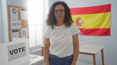 İspanyol orta yaşlı kadın ayakta duruyor ve gülümsüyor İspanyol seçim okulunda oy pusulasına işaret ederken, elleriyle ve parmaklarıyla kameraya bakıyor.