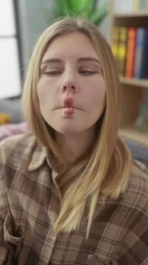 Kanepede oturan genç sarışın kadın dudaklarıyla balık suratı yapıyor, çılgınca ve komik bir jest. Komik bir ifade. evde.