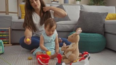 Oturma odasında küçük kızıyla oynayan bir kadın oyuncaklarla çevrili, evde rahat bir evde anne sevgisini ve ilgisini gösteriyor.