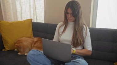 Odaklanmış genç bir kadın, rahat bir oturma odasında dizüstü bilgisayarıyla çalışıyor. Yanında tüylü pomeranian köpeği var..