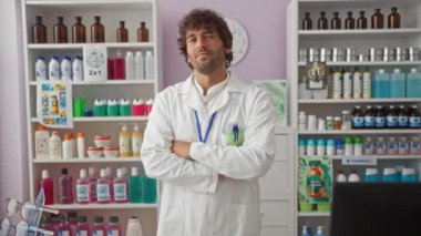 Erkek eczacı, iyi organize edilmiş bir eczanede çeşitli tıbbi malzemelerle dolu raflarla güvenle duruyor.