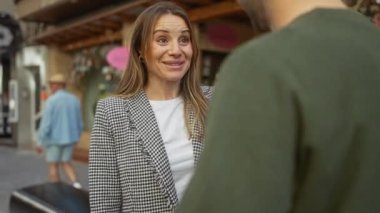 Kalabalık bir caddede odakları olmayan bir adamla konuşan gülümseyen bir kadın..