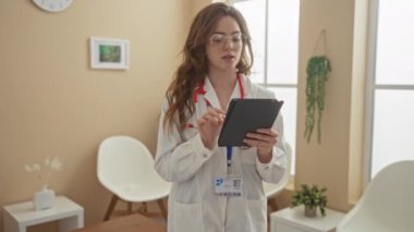 Genç sarışın doktor, klinik bekleme odasında tablet üzerinde çalışıyor ve steteskoplu beyaz önlük giyiyor..