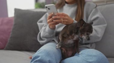 Bir kadın kanepede bir chihuahua ile oturuyor, rahat bir oturma odasında akıllı telefon kullanıyor.