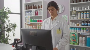 Beyaz laboratuvar önlüklü, esmer, genç bir kadın bir eczanedeki bilgisayarın arkasında duruyor. Etrafı çeşitli ilaç ve ürünlerle çevrili..