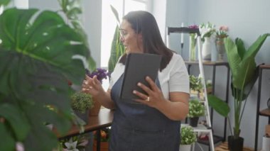 Gözlüklü ve önlüklü olgun bir İspanyol kadın canlı bir çiçekçide elinde tablet tutuyor..