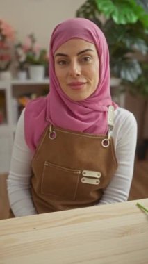 Tesettür ve önlük takan gülümseyen kadın arka planda bitkilerle evde oturuyor.