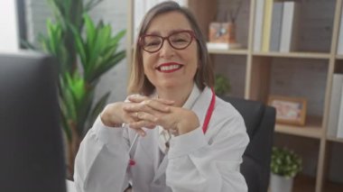 Kırmızı gözlüklü beyaz önlüklü gülümseyen olgun bir kadın klinikte oturuyor.