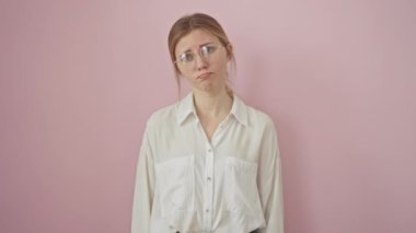 Depresyondaki genç sarışın kız, gözlük takan, endişeli ve stresli ifade. Kızgın, korkmuş, pembe arka plan için deli gibi ağlıyor..