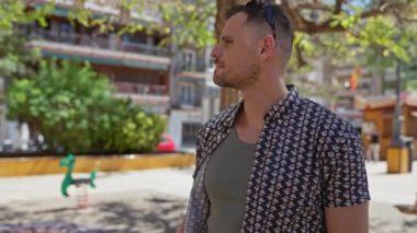 Şehrin göbeğindeki canlı bir şehir parkında gülümseyen sakallı genç bir İspanyol..