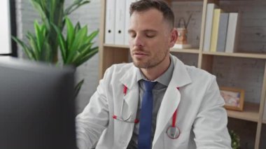 Klinikte steteskoplu beyaz önlüklü yorgun bir adam çalışırken stres yaşıyor.