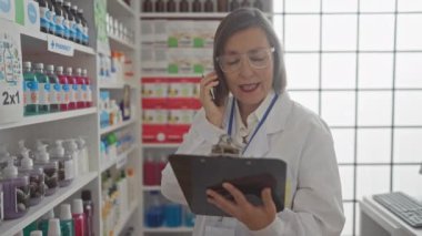 Modern eczane içinde profesyonel kadın eczacı danışmanlık yapıyor.