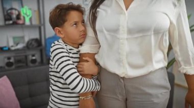 Modern bir oturma odasında annesini kucaklayan genç bir çocuk, evde sevgi ve rahatlığı simgeliyor..
