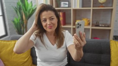 Gülümseyen İspanyol bir kadın, saçlarını akıllı telefonuyla şekillendiriyor. Rahat bir oturma odasında ayna gibi..