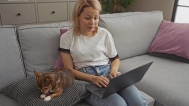 Beyaz tişörtlü genç sarışın bir kadın oturma odasında kanepede bir chihuahua köpeğiyle oturuyor ve dizüstü bilgisayar kullanıyor..