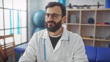Gözlüklü kendinden emin orta yaşlı bir erkek doktor modern bir klinikte duruyor ve sağlık sektöründe profesyonelliği temsil ediyor..